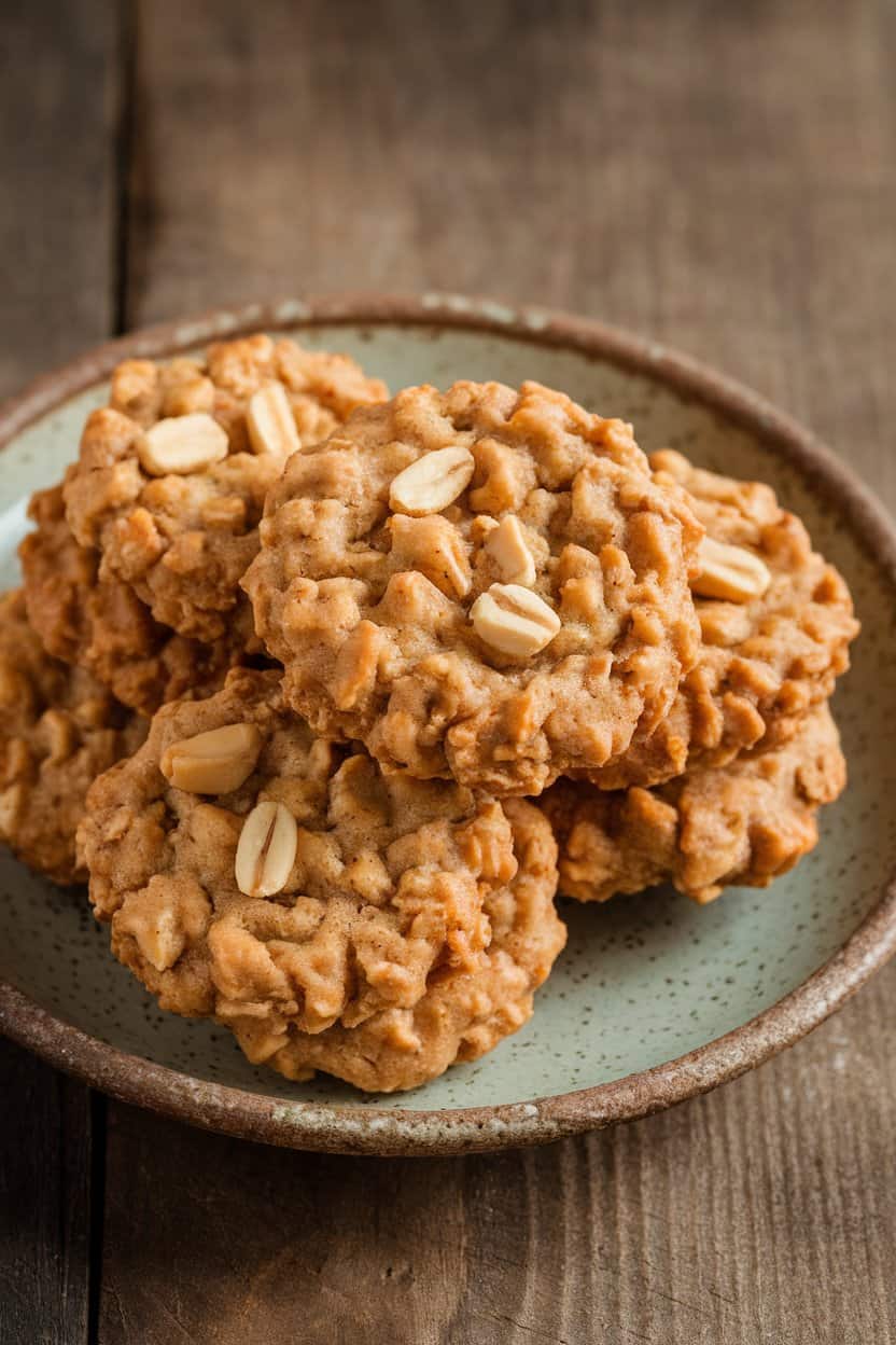 Indoor photo of a rustic ceramic plate stacked with chunky peanut butter oatmeal cookies, visible oats and peanut bits, no text or logos