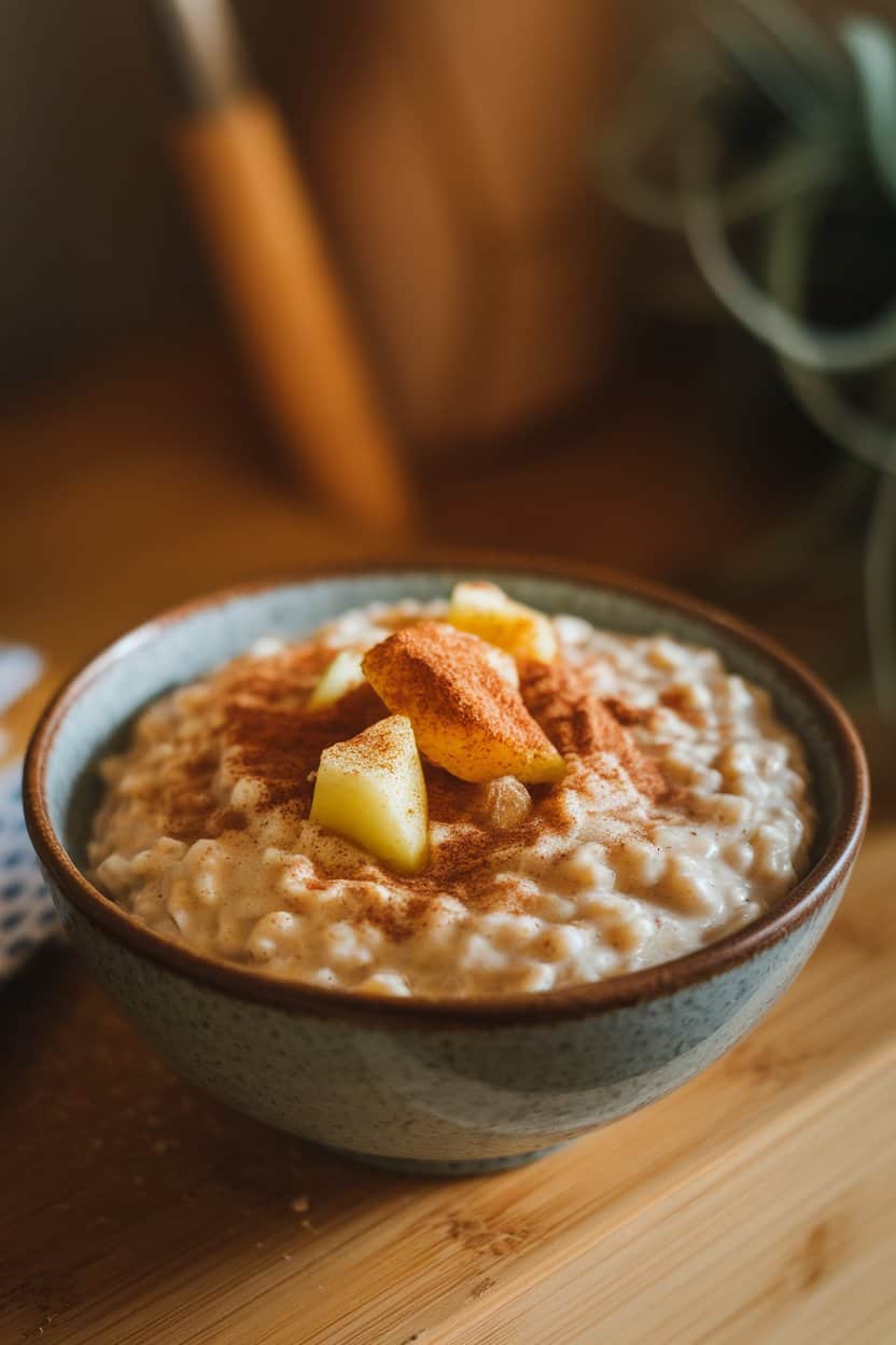 Warmly lit indoor photo of oats mixed with apple chunks, cinnamon, and a few golden raisins, garnished with a dusting of ground cinnamon; no text or logos.