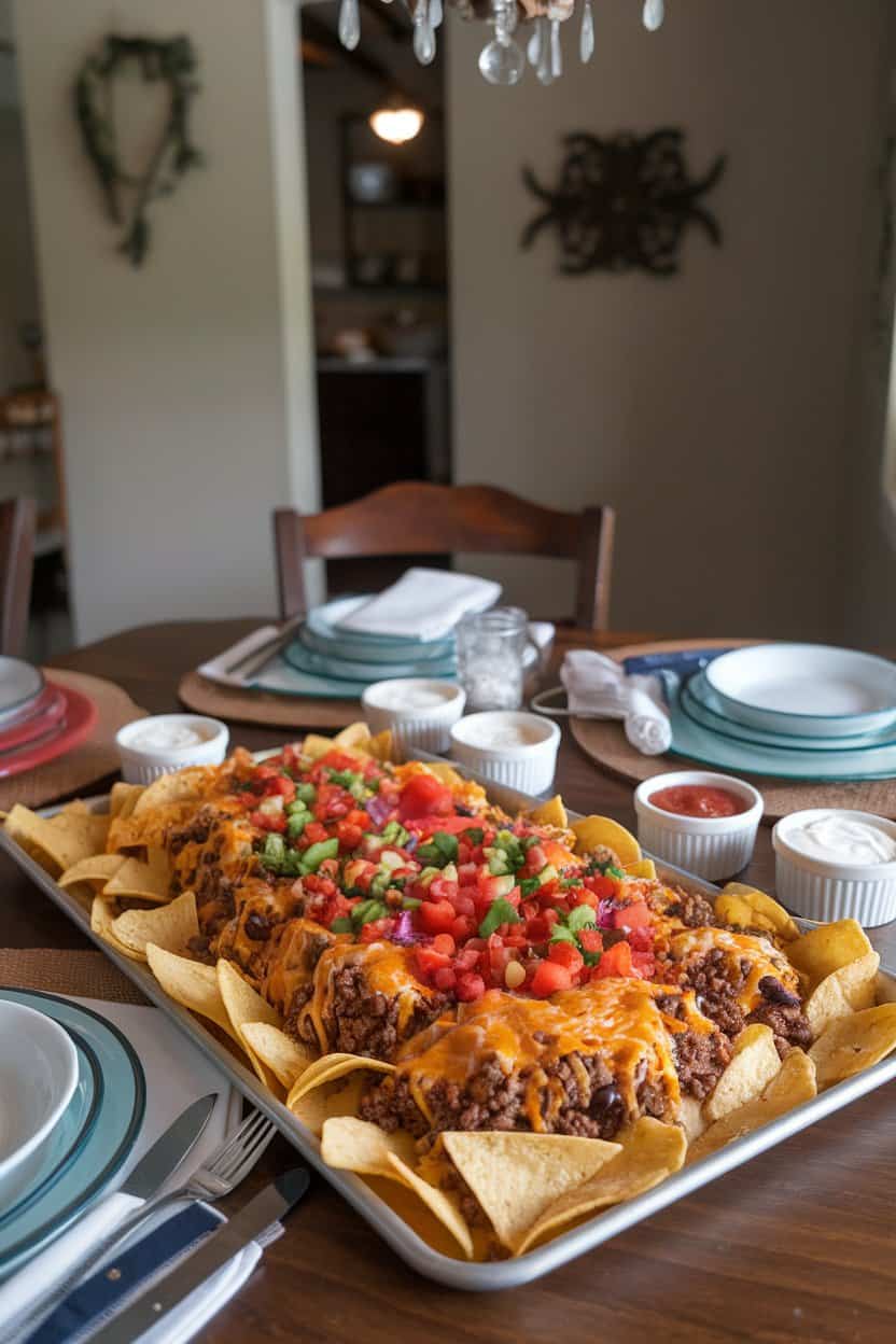 An indoor dining table with a sheet pan overflowing with tortilla chips topped with melted cheese, ground beef, black beans, and colorful diced veggies. Sour cream and salsa sit in ramekins on the side. No text or logos. Photo only.