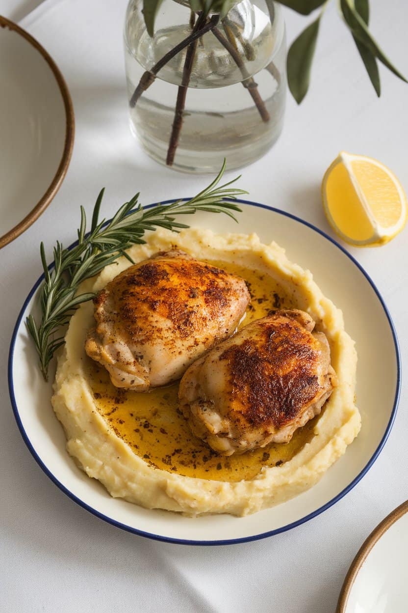 An indoor dinner table featuring sizzling chicken thighs bathed in melted herb butter with visible Cajun spice flecks. Photo, no logos.