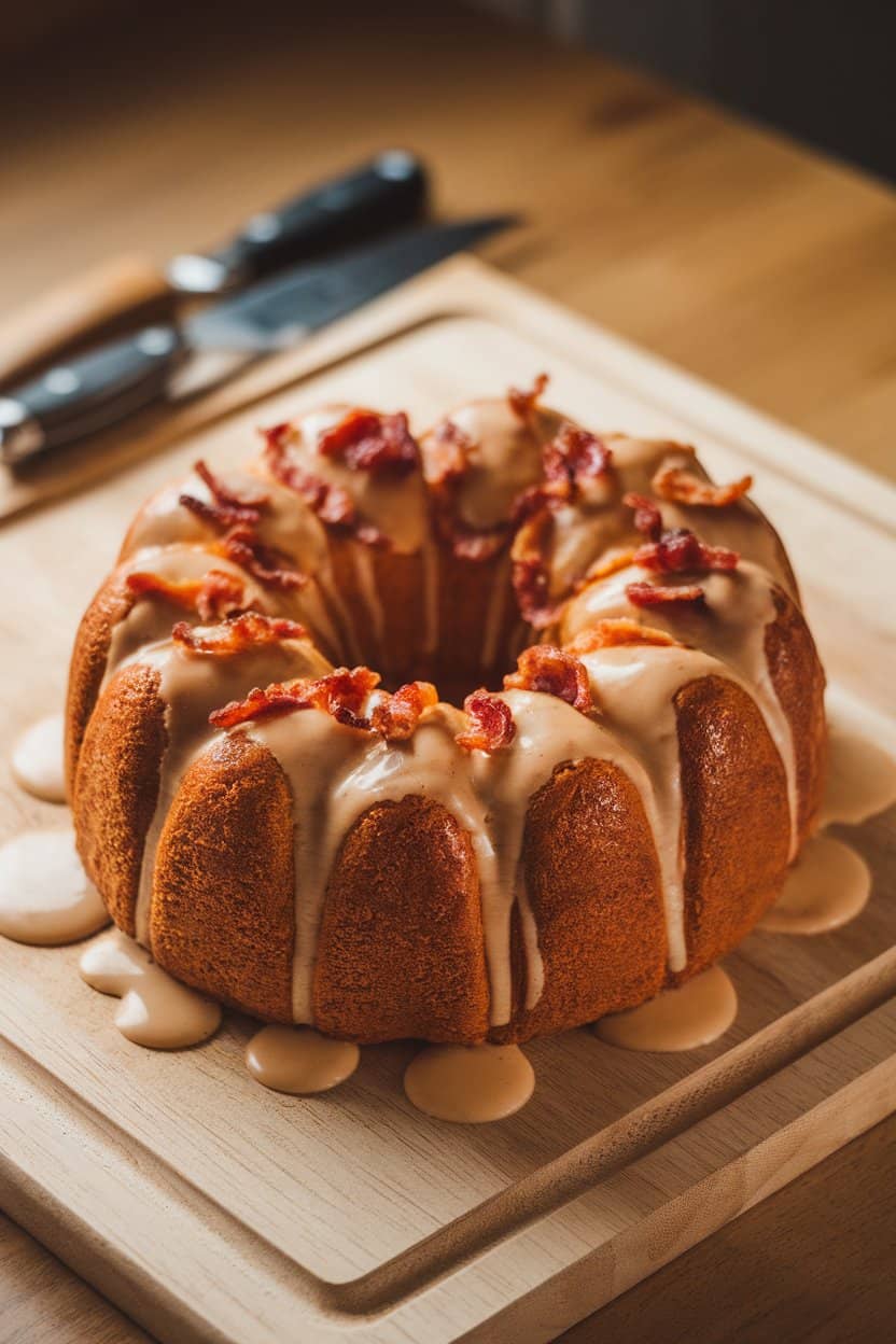 King Cake topped with maple glaze and crisp bacon bits, set on an indoor wooden cutting board. No text or logos.