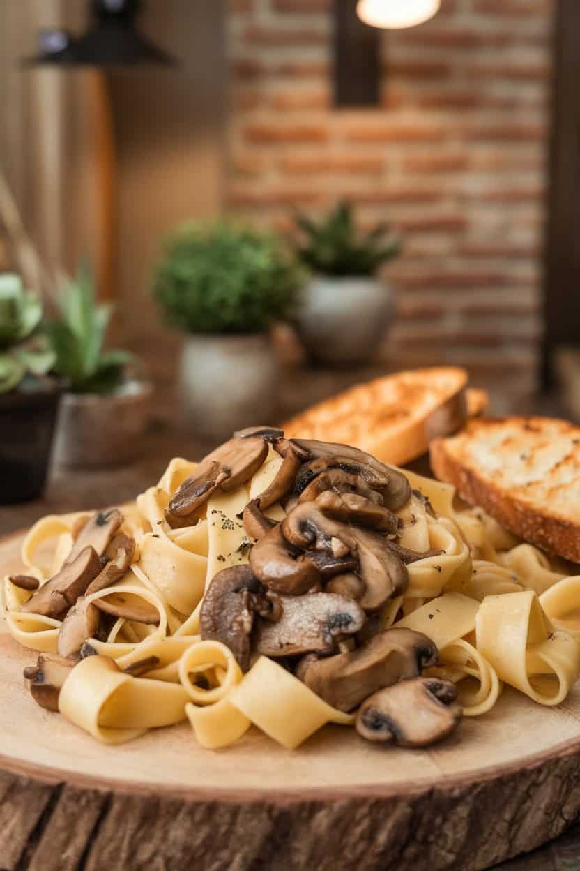 Indoor photo of wide ribbons of tagliatelle tossed with sautéed mixed mushrooms and a light drizzle of truffle oil, steam rising, no text or logos