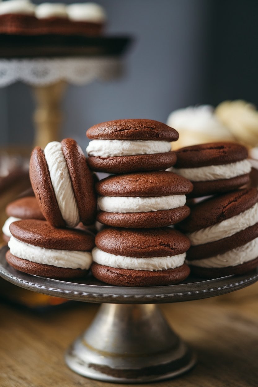 Photograph of chocolate whoopie pies filled with fluffy marshmallow cream, stacked on a cake stand indoors, no text or logos visible.