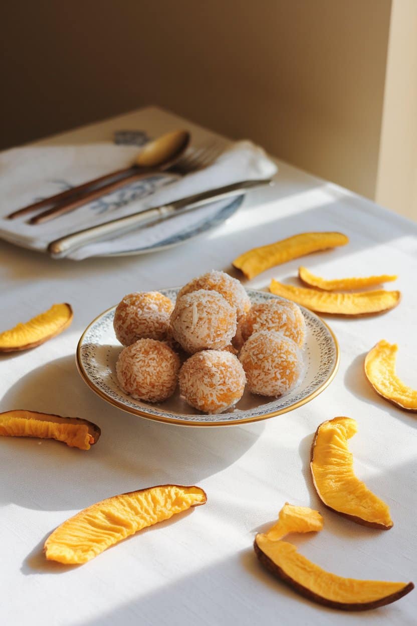 Indoor brightly lit table with golden protein balls rolled in shredded coconut, dried mango slices scattered around. No text or logos. Photo only.