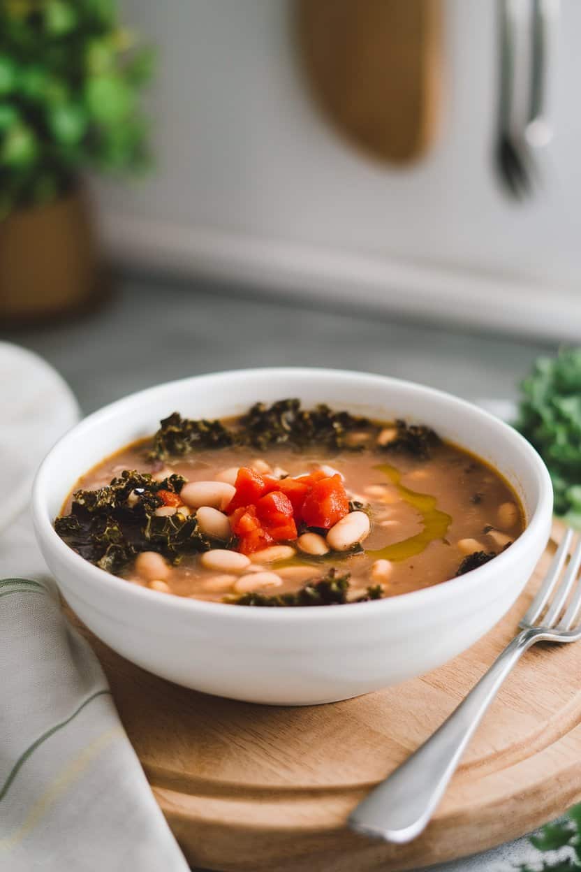 Photo of a bowl of cooked cannellini bean soup with kale and diced tomatoes, garnished with a drizzle of olive oil, shot indoors. No text or logos present.
