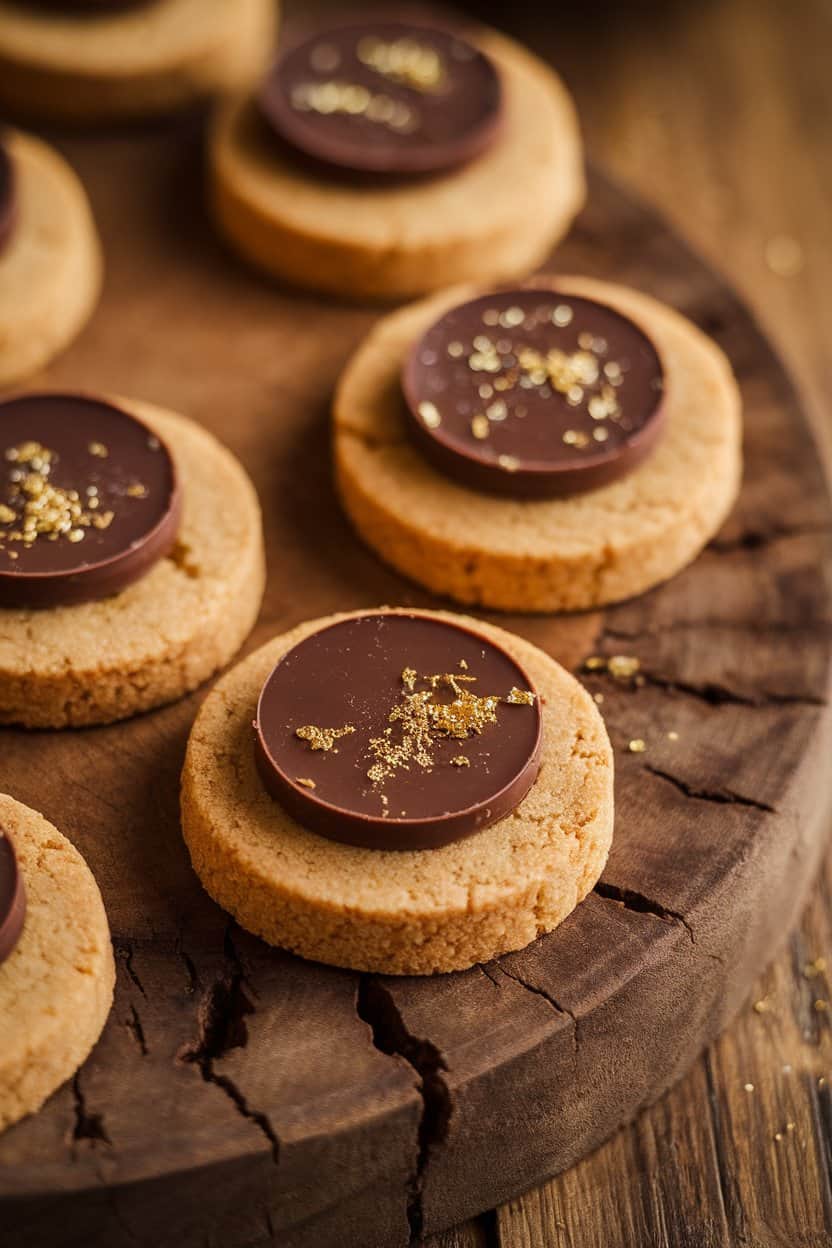 Indoor photo of round vegan sunflower butter cookies topped with a chocolate disk in the center, no text or logos