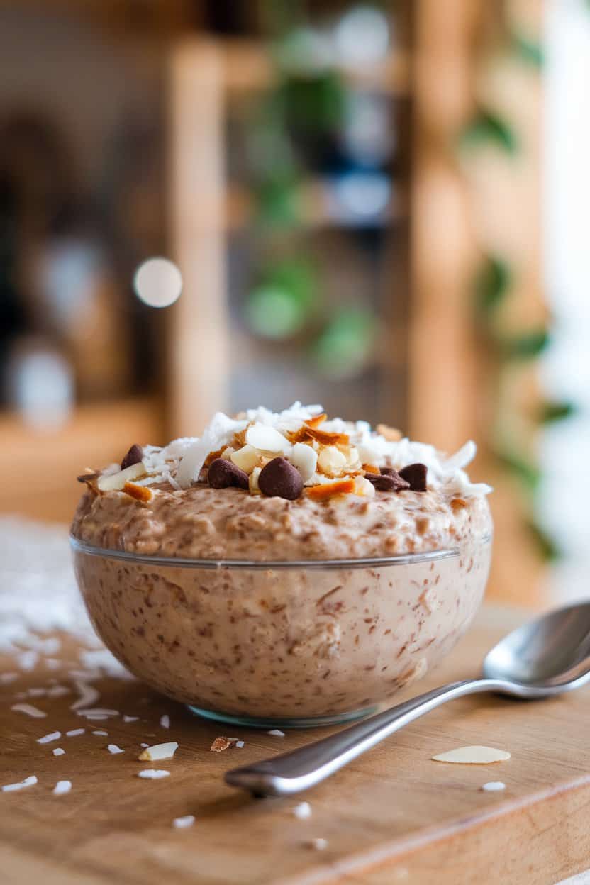 Indoor image of chocolate-speckled oats topped with shredded coconut and slivered almonds, shot at a slight overhead angle; no text or logos.