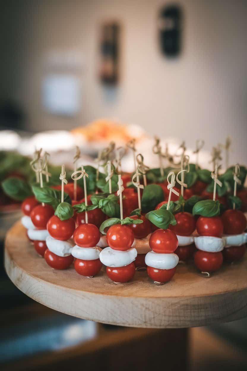Indoor photo of bite-sized skewers threaded with cherry tomatoes, mozzarella pearls, and fresh basil leaves on a platter; no text or logos present.