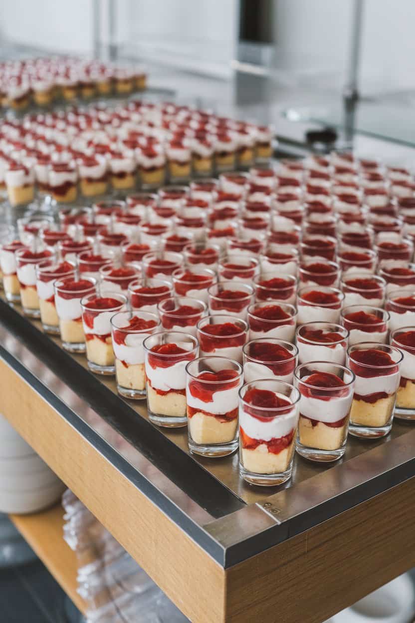 A wooden indoor buffet featuring rows of small clear shot glasses layered with cubed pound cake, whipped cream, and strawberry compote, no logos or text.