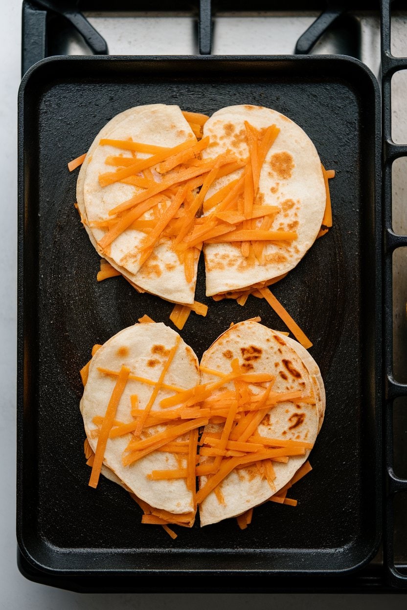An indoor stovetop griddle with two cheese quesadillas cut into large hearts, golden brown and oozing cheddar. No text or logos seen.