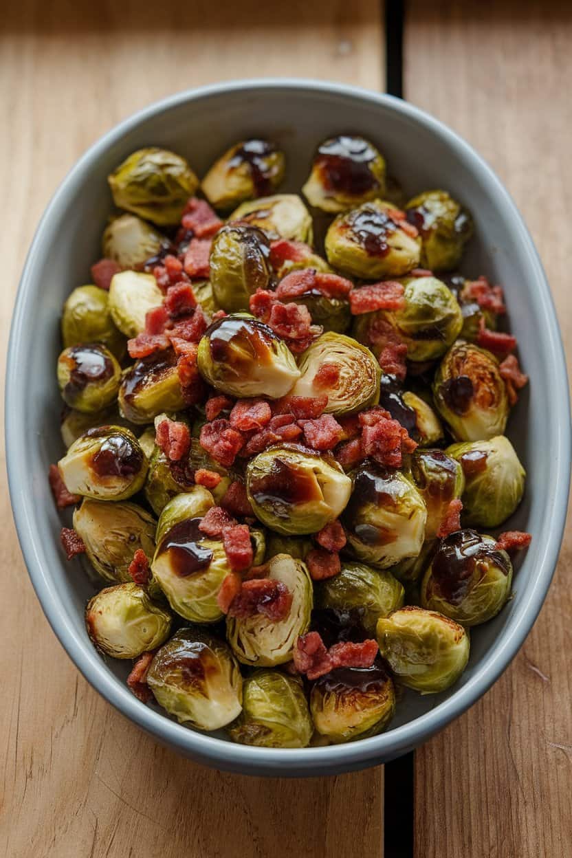 A warm indoor serving dish of roasted Brussels sprouts caramelized with balsamic glaze and dotted with bacon bits. No text or logos in scene.