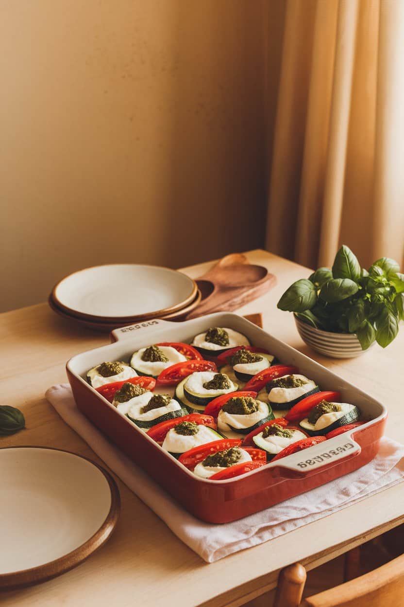 An indoor kitchen table showcasing a casserole dish layered with sliced zucchini, tomatoes, dollops of basil pesto, and a light dusting of mozzarella. Warm lighting, no text or logos.