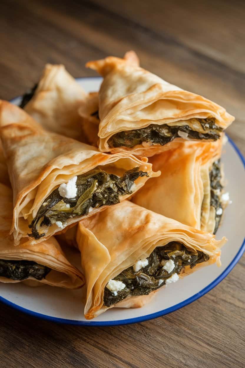 Indoor plate of golden phyllo triangles filled with cooked spinach and feta, flaky layers visible, no text or logos.