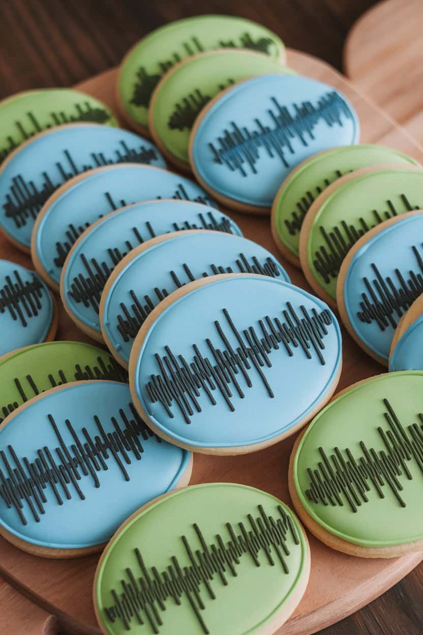Photo of oval cookies iced in gradient sound-wave stripes of blues and greens, arranged on an indoor serving board. No text or logos visible.