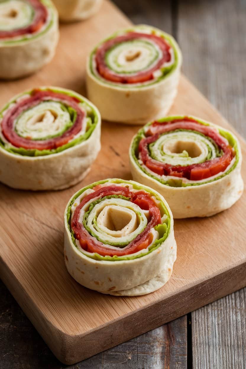 An indoor cutting board with tortilla pinwheels showing layers of bacon, lettuce, tomato, and mayo. No text or logos.