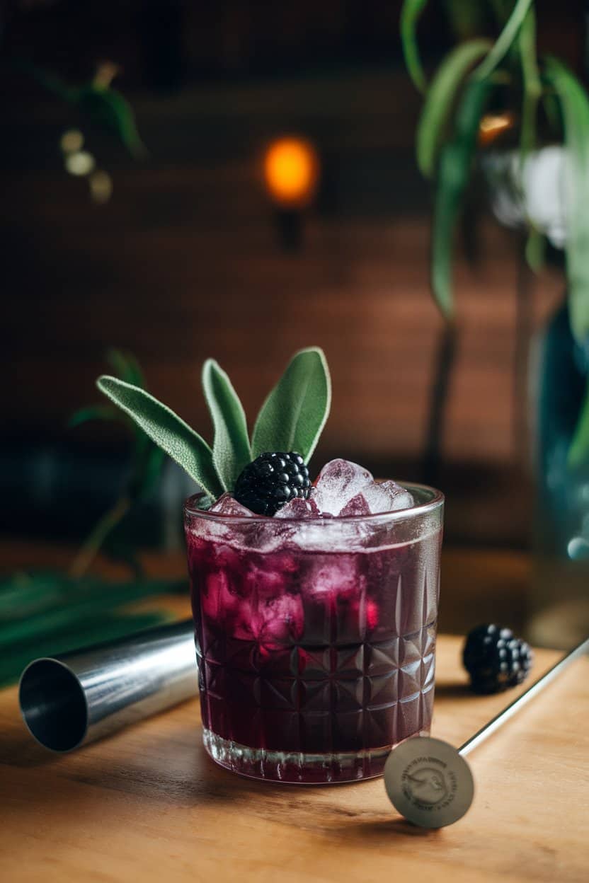 Photo of an indoor cocktail scene featuring a muddler beside a rocks glass filled with deep purple drink, crushed ice, bruised sage leaves, and whole blackberries; moody warm lighting; no text or logos