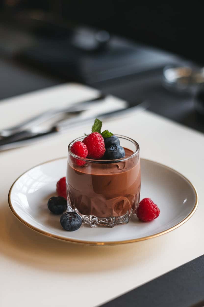 An indoor dessert plate photo of a glass cup filled with glossy chocolate mousse topped with fresh berries; no text or logos on tableware.