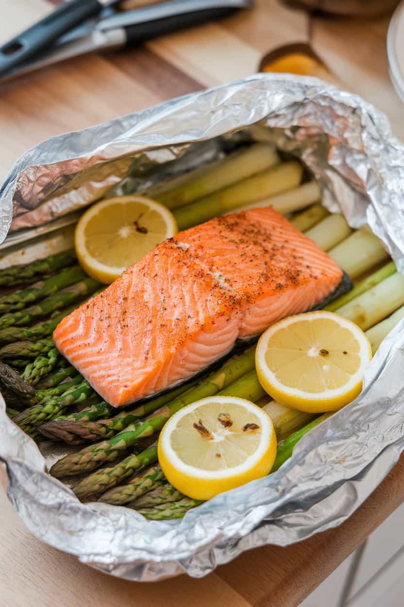 Indoor counter view of an opened foil packet revealing cooked salmon fillet with lemon slices and asparagus spears. Photo, no text or logos.