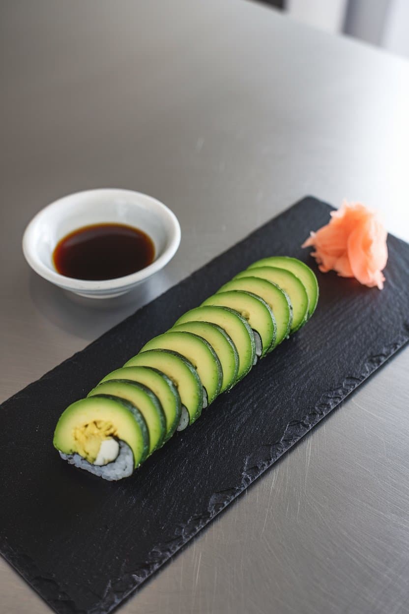 Indoor photo of neatly sliced avocado and cucumber maki on a slate board with a small bowl of soy sauce and pickled ginger. No text or logos.