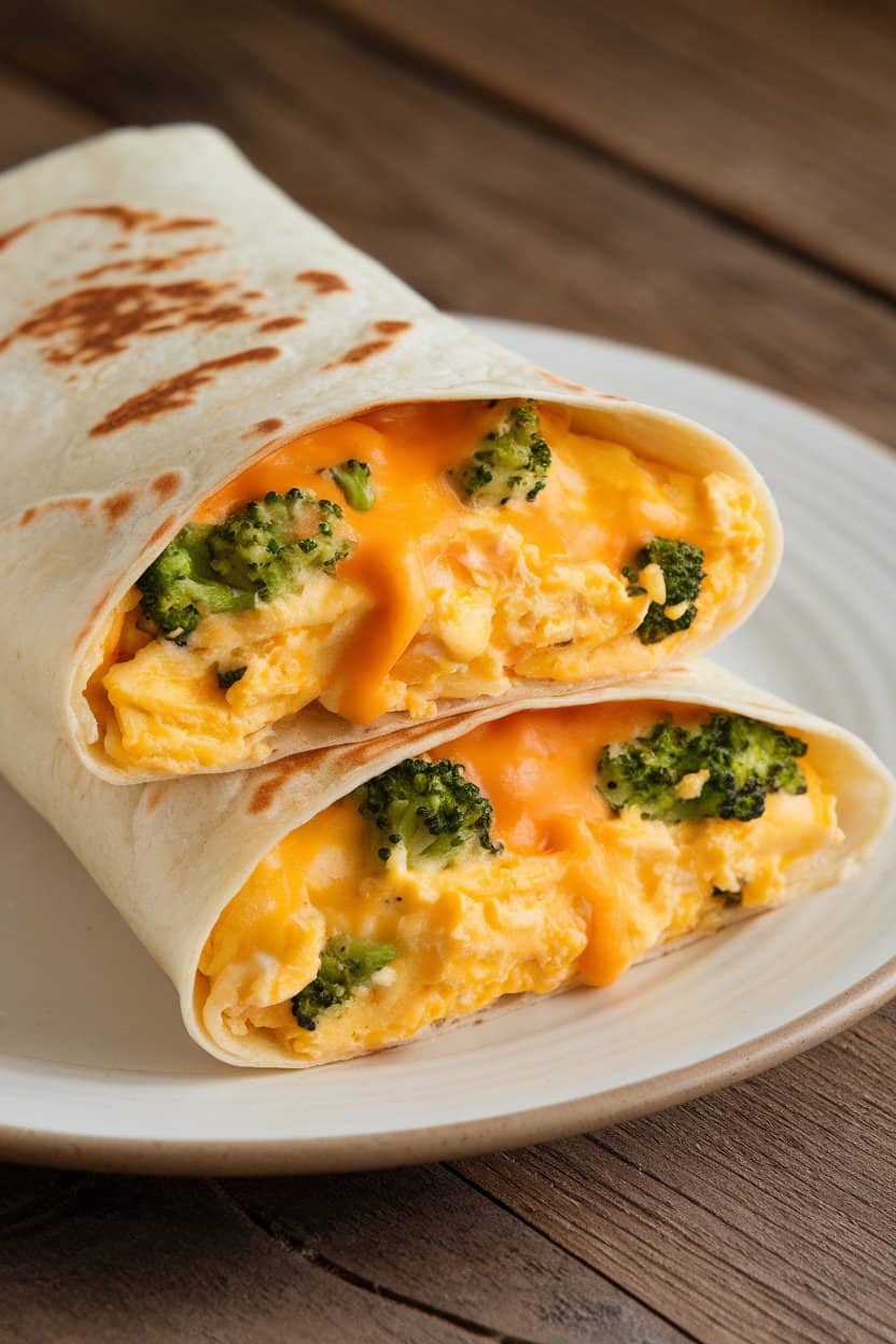 Photo of a flour tortilla indoors filled with fluffy scrambled eggs, bright green broccoli bits, and melted cheddar, rolled up and cut in half. No logos visible.