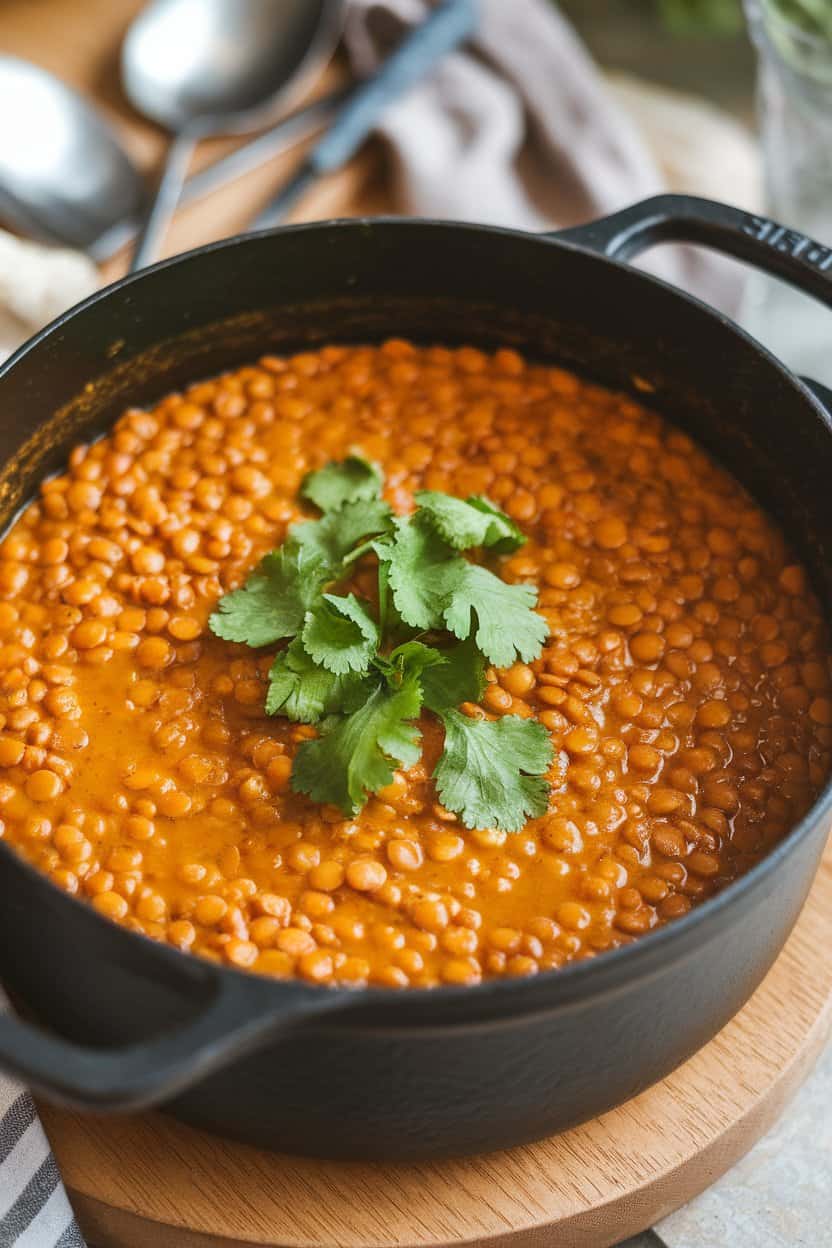 Indoor photo of thick golden lentil soup in a black cast-iron pot, topped with cilantro sprigs. No text or logos.