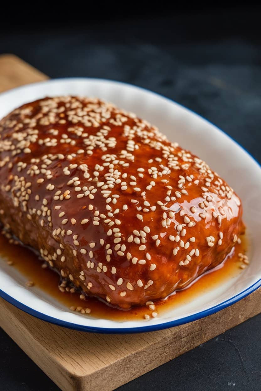 Indoor serving platter of meatloaf coated in glossy teriyaki glaze with sesame seeds sprinkled on top. No text or logos. Photo only.