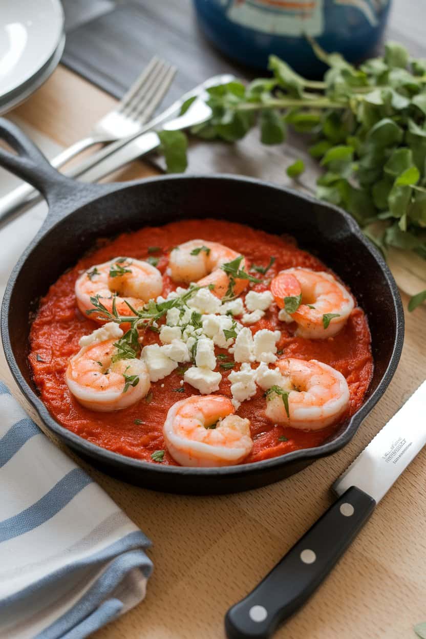 Indoor tabletop featuring a small cast-iron skillet of shrimp baked in tomato sauce with crumbled feta on top, herbs sprinkled. No text or logos.