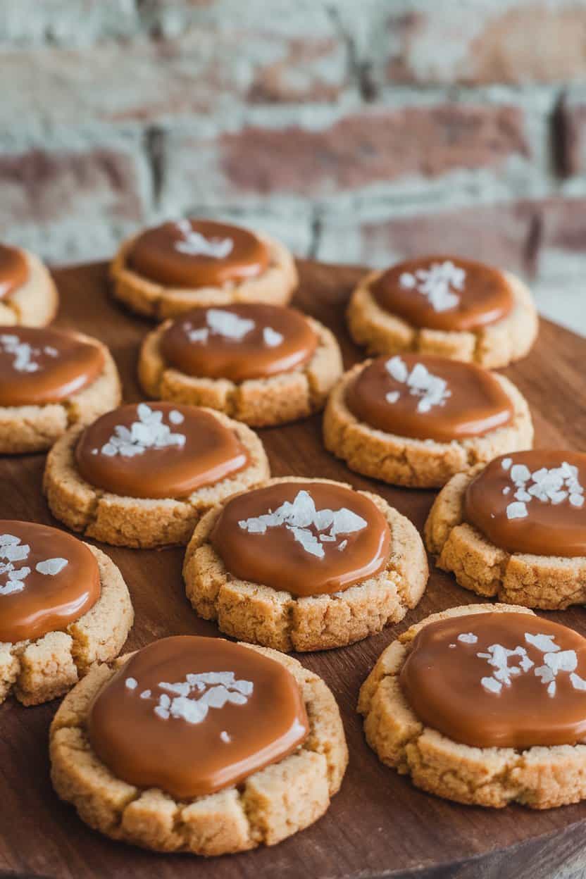 Indoor photo of thumbprint cookies filled with glossy coconut milk caramel, sea salt flakes on top, no text or logos