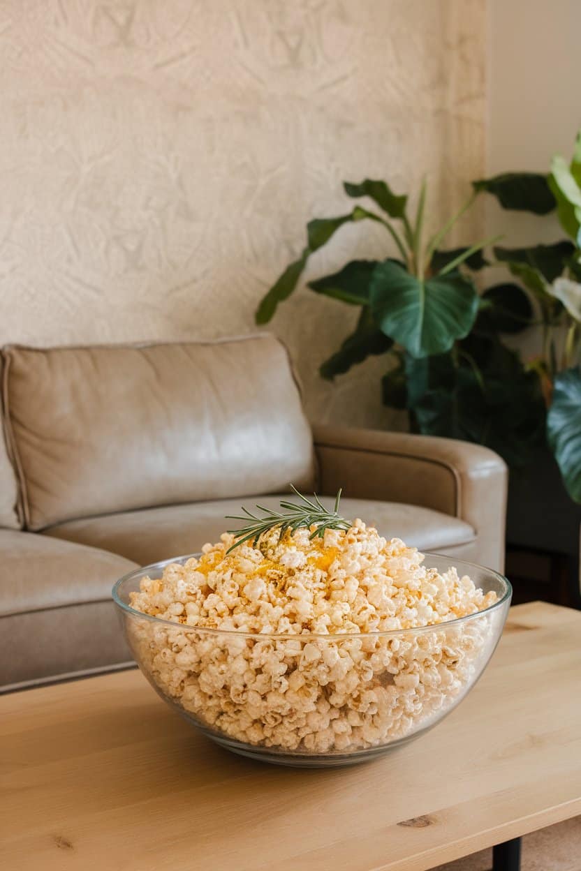 Indoor living-room coffee table holding a large clear bowl of air-popped popcorn tossed with dried rosemary and grated lemon zest. Photo, no text or logos.