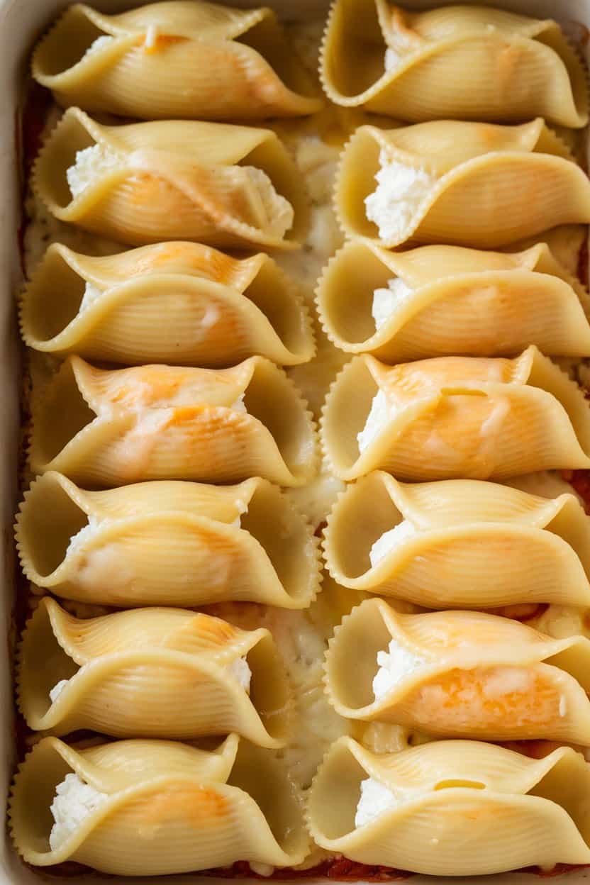 Indoor photo of jumbo pasta shells filled with ricotta, lined up in a baking dish under melted mozzarella, no text or logos