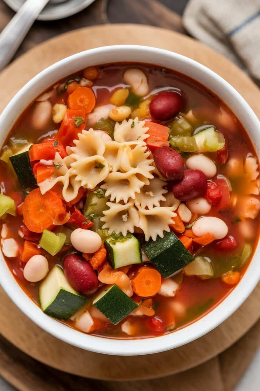Indoor photo of a bowl of colorful minestrone filled with diced vegetables, beans, and tiny pasta; overhead angle, no text or logos