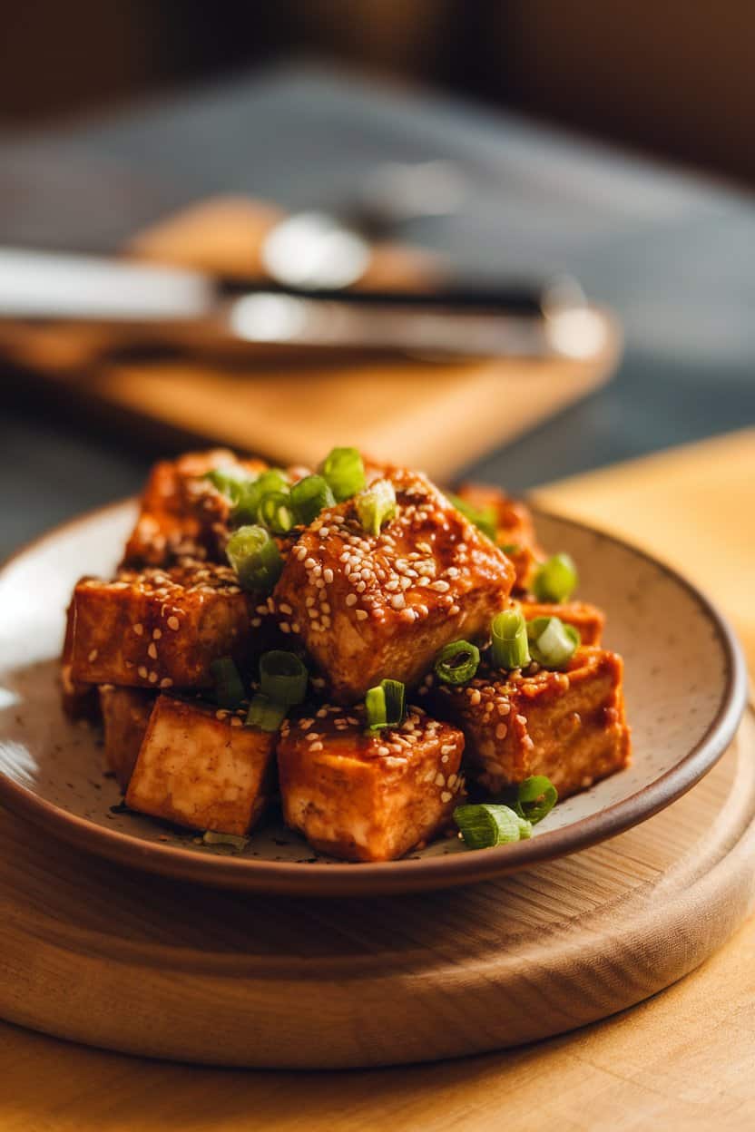 A warmly lit indoor plate of crispy, sauce-glazed tofu pieces sprinkled with sesame seeds and chopped scallions; no branding or text present.