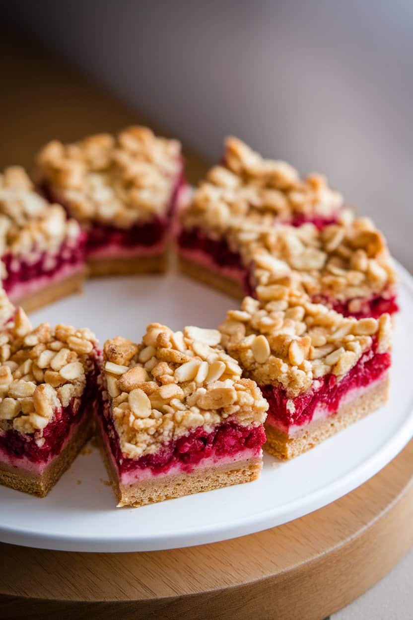 Indoor photo of layered crumble bars on a white platter, ruby red raspberry filling peeking through golden almond topping. Diffused light, no text or logos.