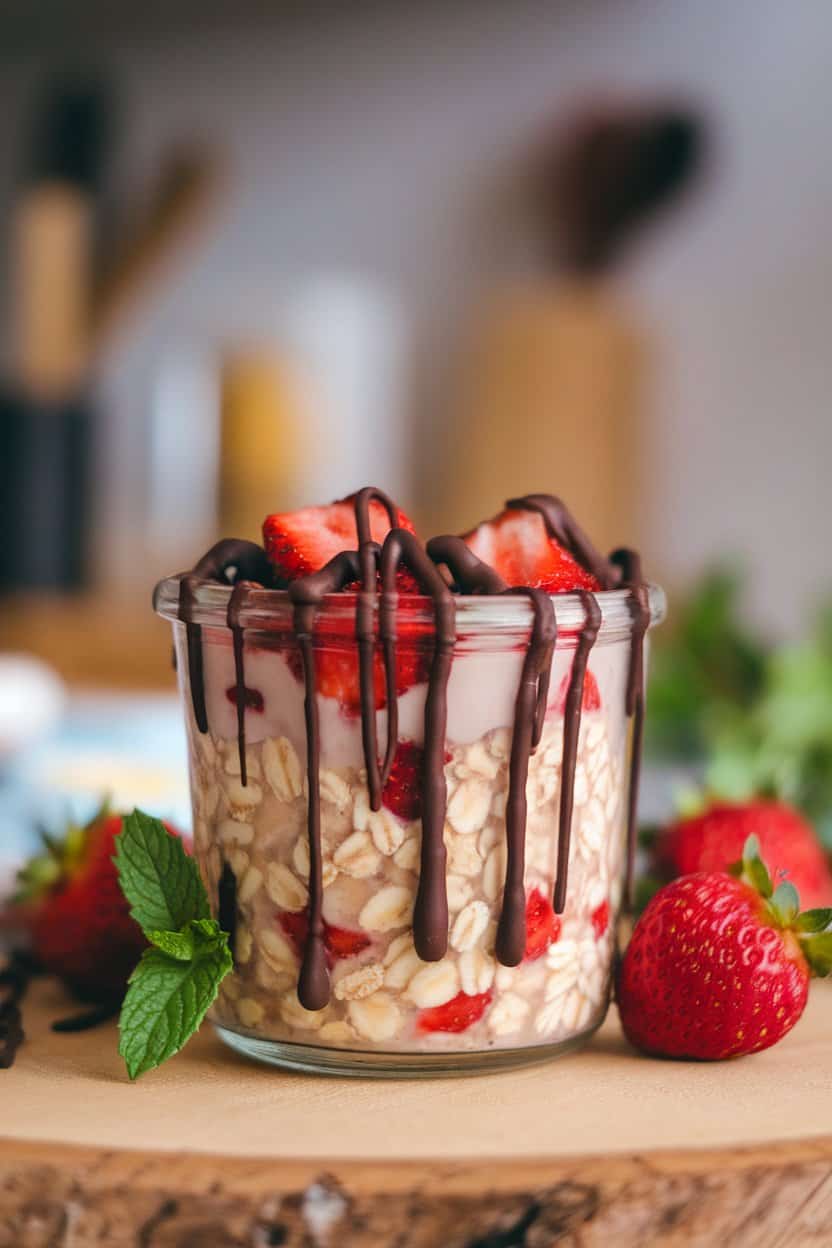 Indoor photo of strawberry-studded oats drizzled with melted dark chocolate, served in a small glass jar; no text or logos.