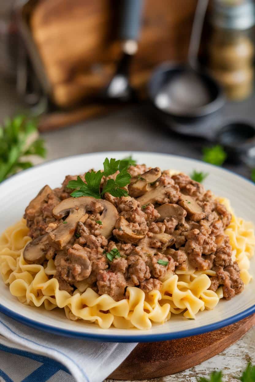 An indoor plate of egg noodles coated in creamy mushroom and ground beef sauce, fresh parsley sprinkled over. No text or logos.