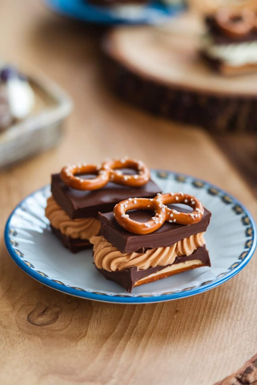 An indoor dessert plate of small pretzel sandwiches filled with peanut butter and half-dipped in chocolate. No text or logos.