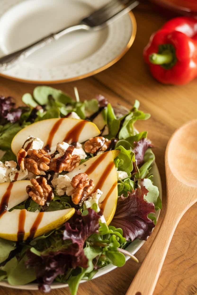 Indoor dining scene with a mixed-greens salad featuring sliced pears, crumbled gorgonzola, candied walnuts, and balsamic drizzle. No text or logos, photo not illustration.