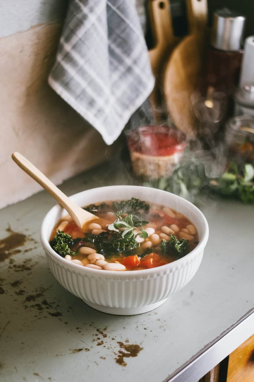 An indoor countertop scene with a steaming bowl of minestrone showcasing white beans, kale ribbons, and diced tomatoes in a clear broth. No logos or text.