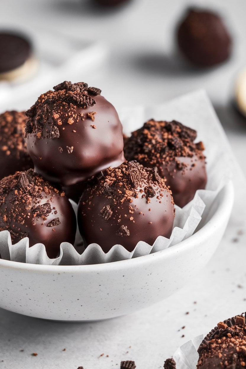 An indoor close-up of Oreo truffle balls coated in dark chocolate and sprinkled with cookie crumbs, resting on wax paper, no text or logos.