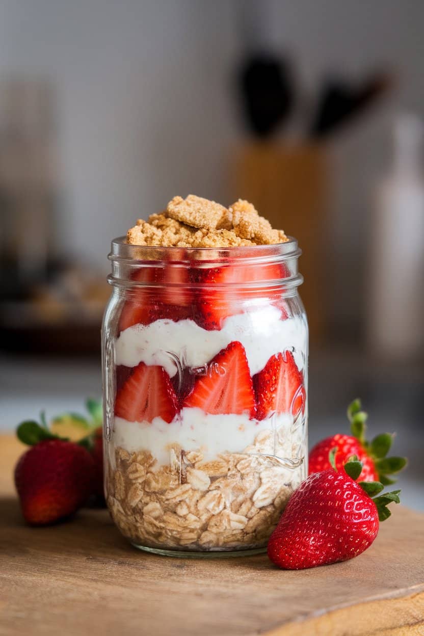 Indoor photo of a mason jar layered with creamy oats, sliced strawberries, and a crumble of graham cracker on top; no text or logos.