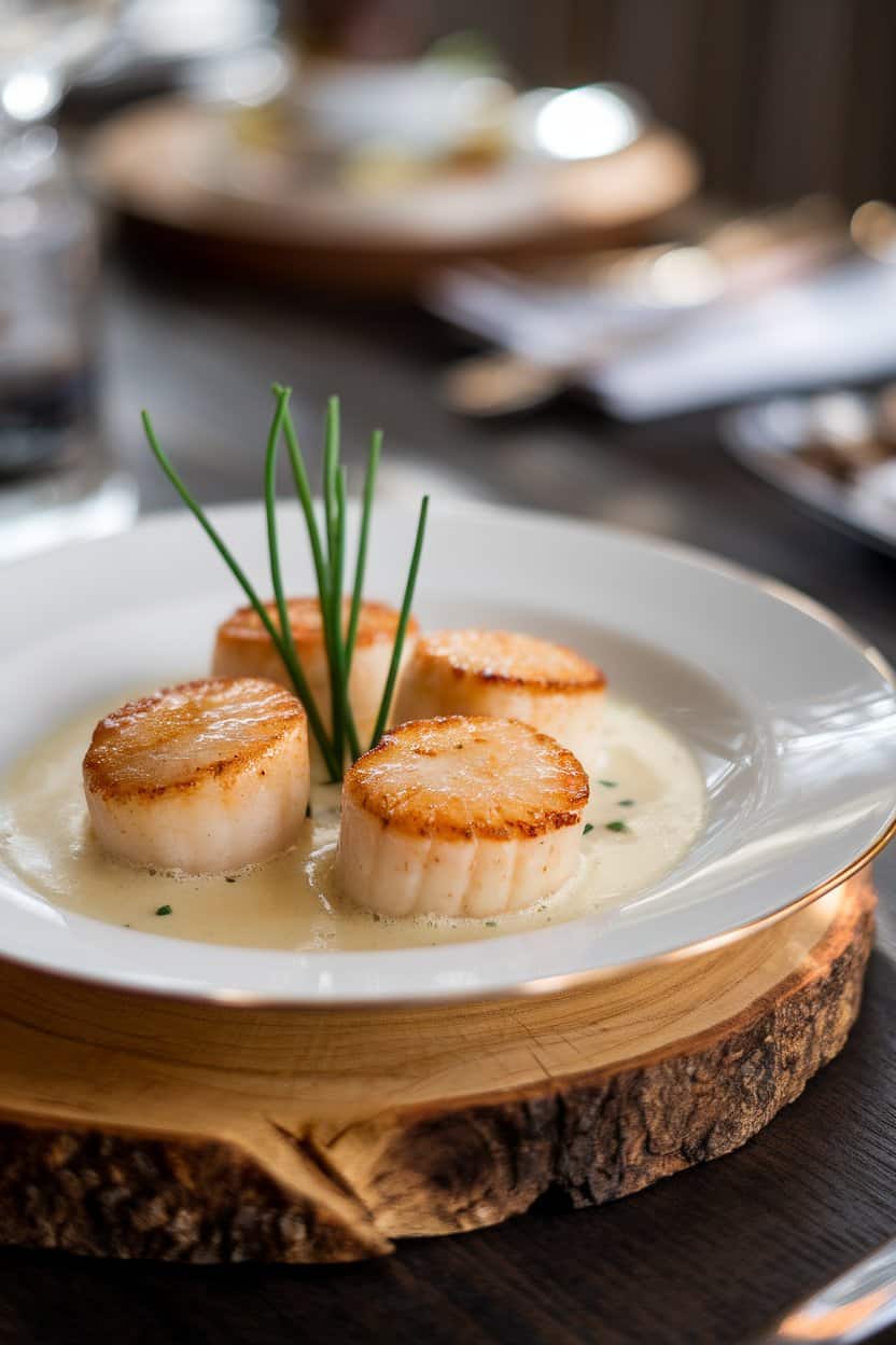 An indoor white plate displaying golden-brown seared scallops nestled in a pale Champagne butter sauce, garnished with chives. No text or logos visible.