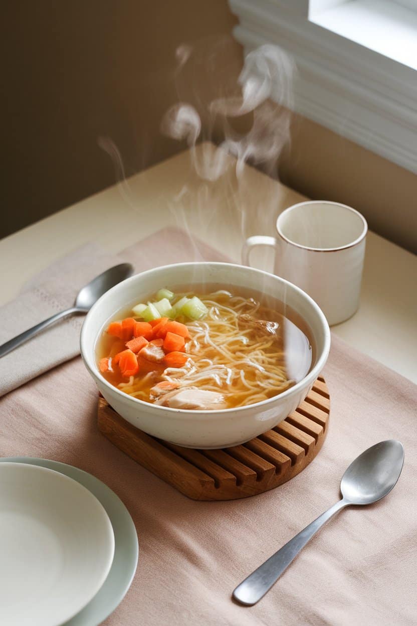 An indoor kitchen table featuring a steaming bowl of clear chicken broth with noodles, diced carrots, celery, and chunks of chicken, shot from a slight overhead angle; no text or logos present.