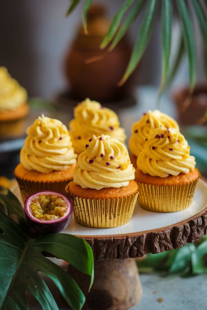An indoor tropical-style plate featuring golden cupcakes with mango frosting swirled high and dotted with passionfruit seeds. No text or logos.