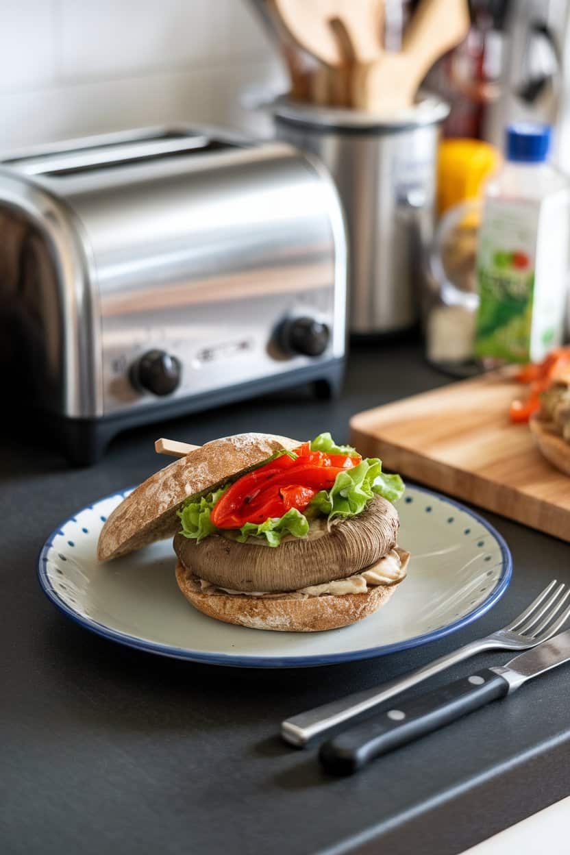 An indoor kitchen counter with a plate holding a cooked portobello cap on a whole-grain bun, topped with lettuce and roasted red peppers. No logos or text.