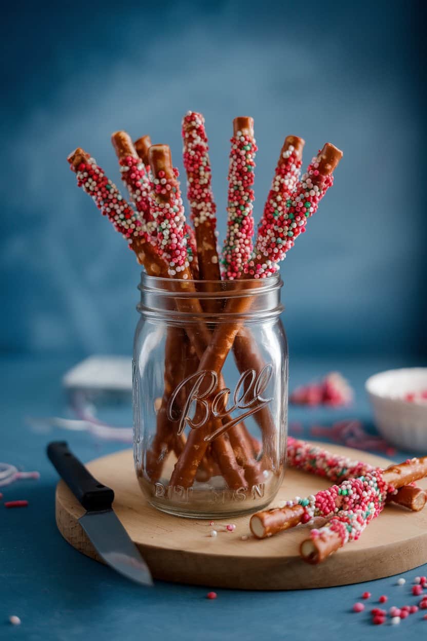 An indoor craft table featuring a mason jar “bouquet” of pretzel rods dipped in milk chocolate and rolled in red, pink, and white sprinkles. Soft overhead lighting; no text or logos.
