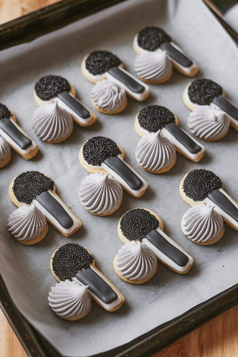 Photo of gray meringue cookies piped into small microphone shapes with black sprinkle “grills,” seen on an indoor baking parchment. No text or logos shown.