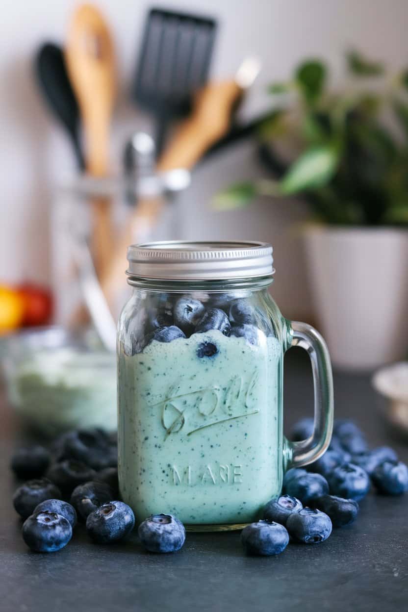 Indoor countertop with mason jar of vibrant bluish-green smoothie, fresh blueberries scattered, no text or logos in view. Photo