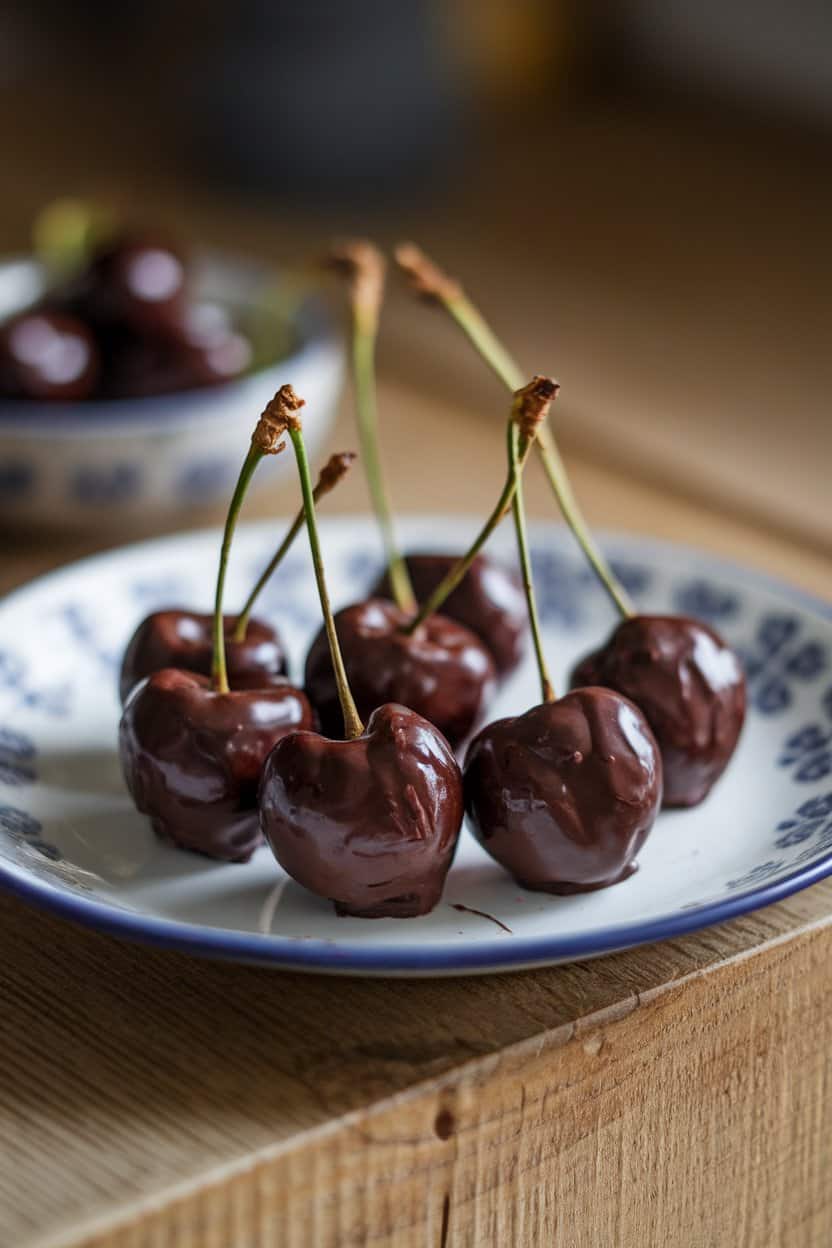 An indoor dessert plate with dark chocolate-coated cherries, stems attached for easy handling, no logos or text.