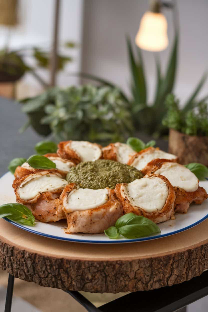 Indoor table showing sliced chicken thighs revealing melted mozzarella and green pesto center, basil leaves scattered. Photograph, logo-free.