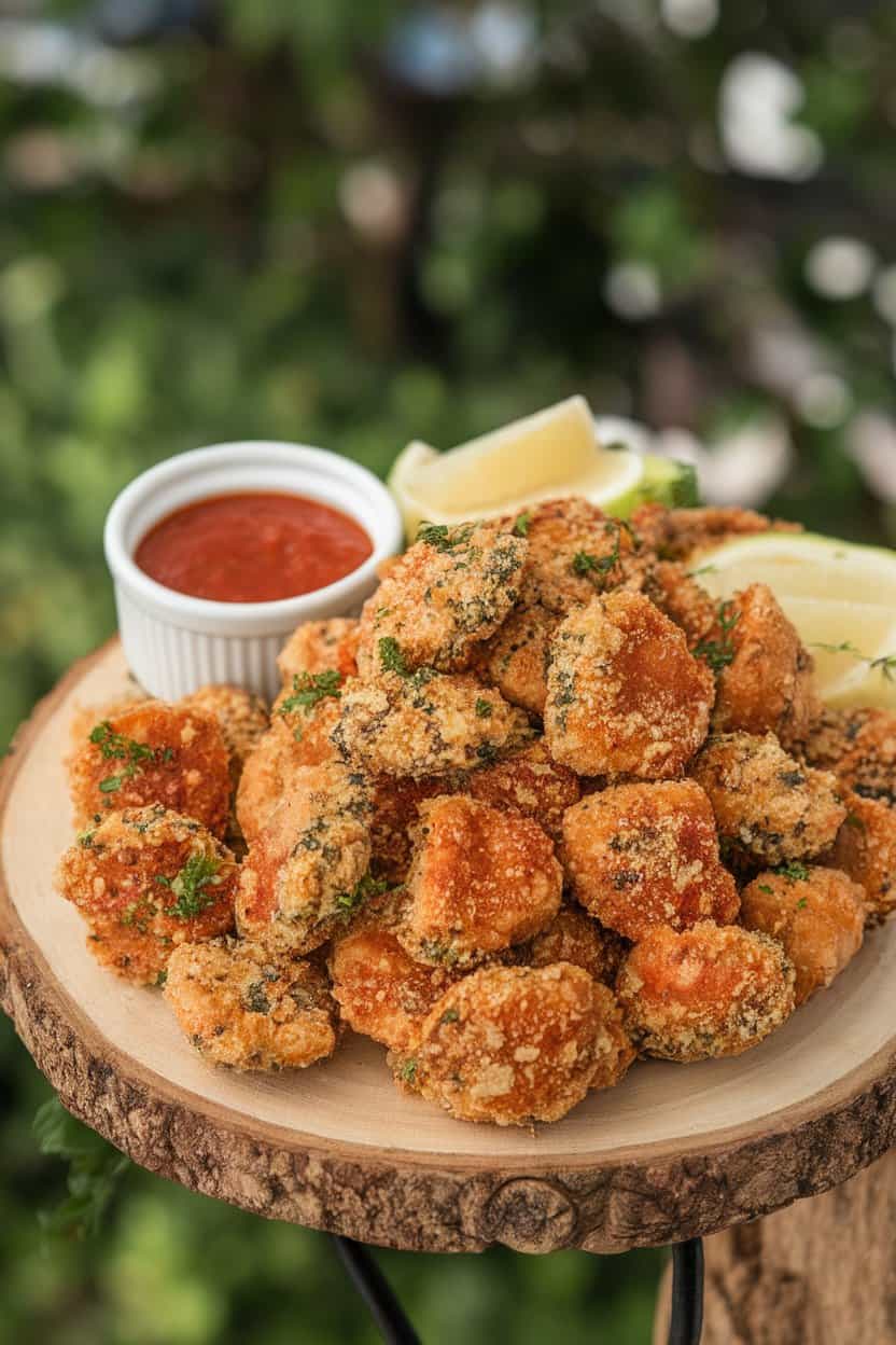 An indoor appetizer platter piled with bite-size pork chop nuggets coated in garlic-Parmesan crust, small ramekin of marinara for dipping, no text or logos. Photo only.
